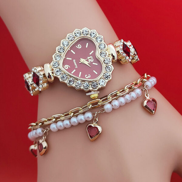 Fashion Diamond-embedded Love Heart-shaped Bracelet Watch Suit