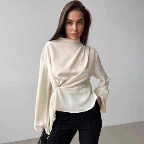 Small Stand Collar Chiffon Bell Sleeve Pleated Split Shirt