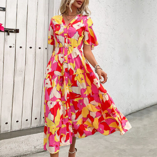 A Single-breasted Printed Mid-length Dress