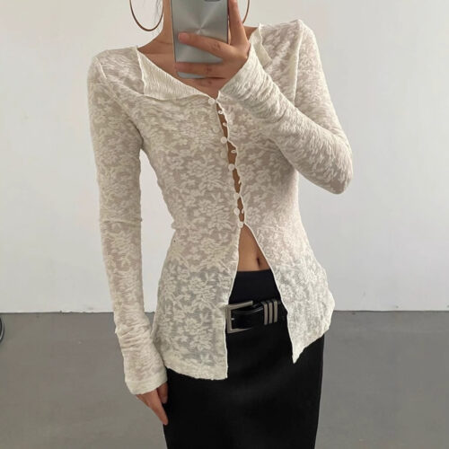 Sexy Pure Lace Light Breathable Long Sleeves Cardigan T-shirt