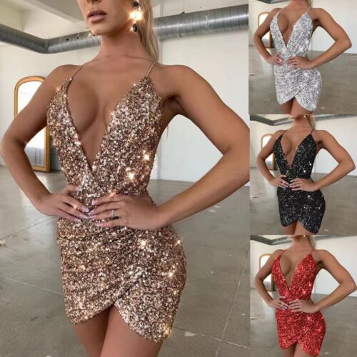 Early Autumn Sexy V-neck Sequin Sling Dress Skirt Backless Dress